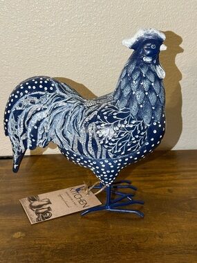 Hand-Painted Blue Rooster Sculpture - Decorative Home Accent